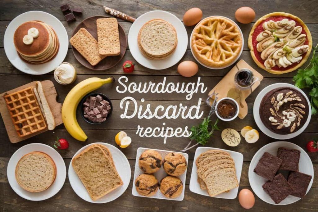 Sourdough Discard Recipes A Variety Of Baked Goods Arranged On A Wooden Surface, Featuring Items Like Pancakes, Waffles, Muffins, Bread, Crackers, And Cakes, Along With Ingredients Like Bananas, Eggs, Chocolate, And Herbs. The Text &Amp;Quot;Sourdough Discard Recipes&Amp;Quot; Is Prominently Displayed In The Center Of The Image.