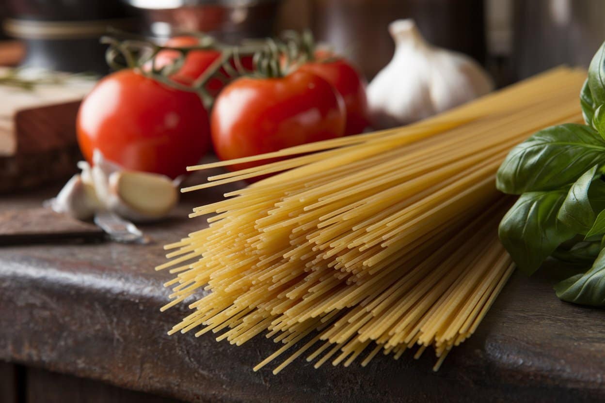 A close-up view of uncooked spaghetti laid on a rustic kitchen counter, with fresh tomatoes, garlic, and basil in the background, ready for meal preparation.