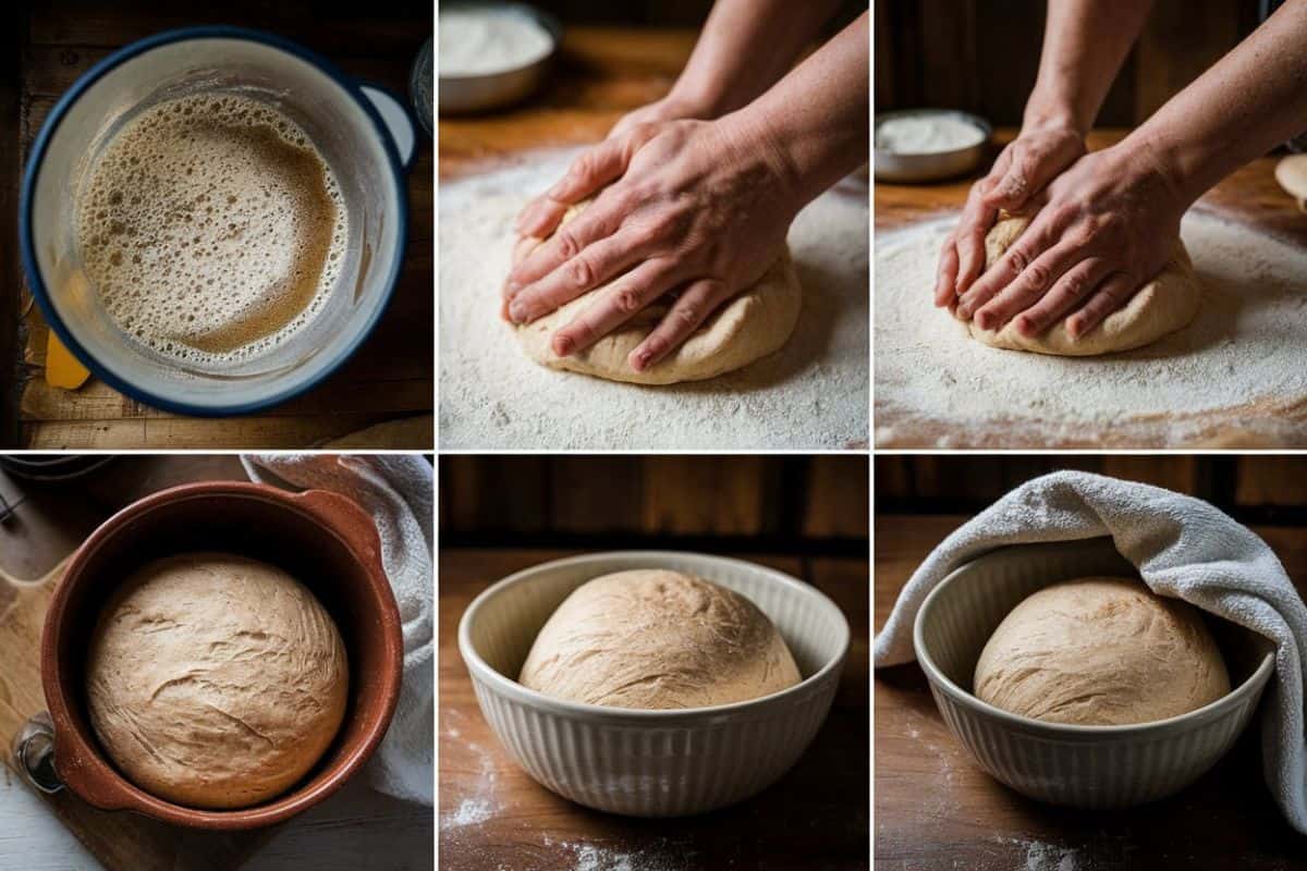 A Step-By-Step Collage Of Making Sandwich Bread, Showing The Stages Of Yeast Activation, Kneading, And Proofing Dough In A Bowl.