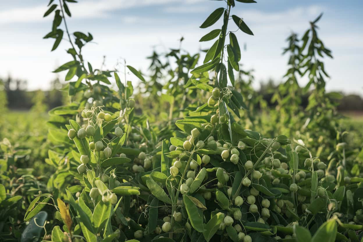 A close-up view of a lush green field with climbing plants bearing small green pods under a clear blue sky.