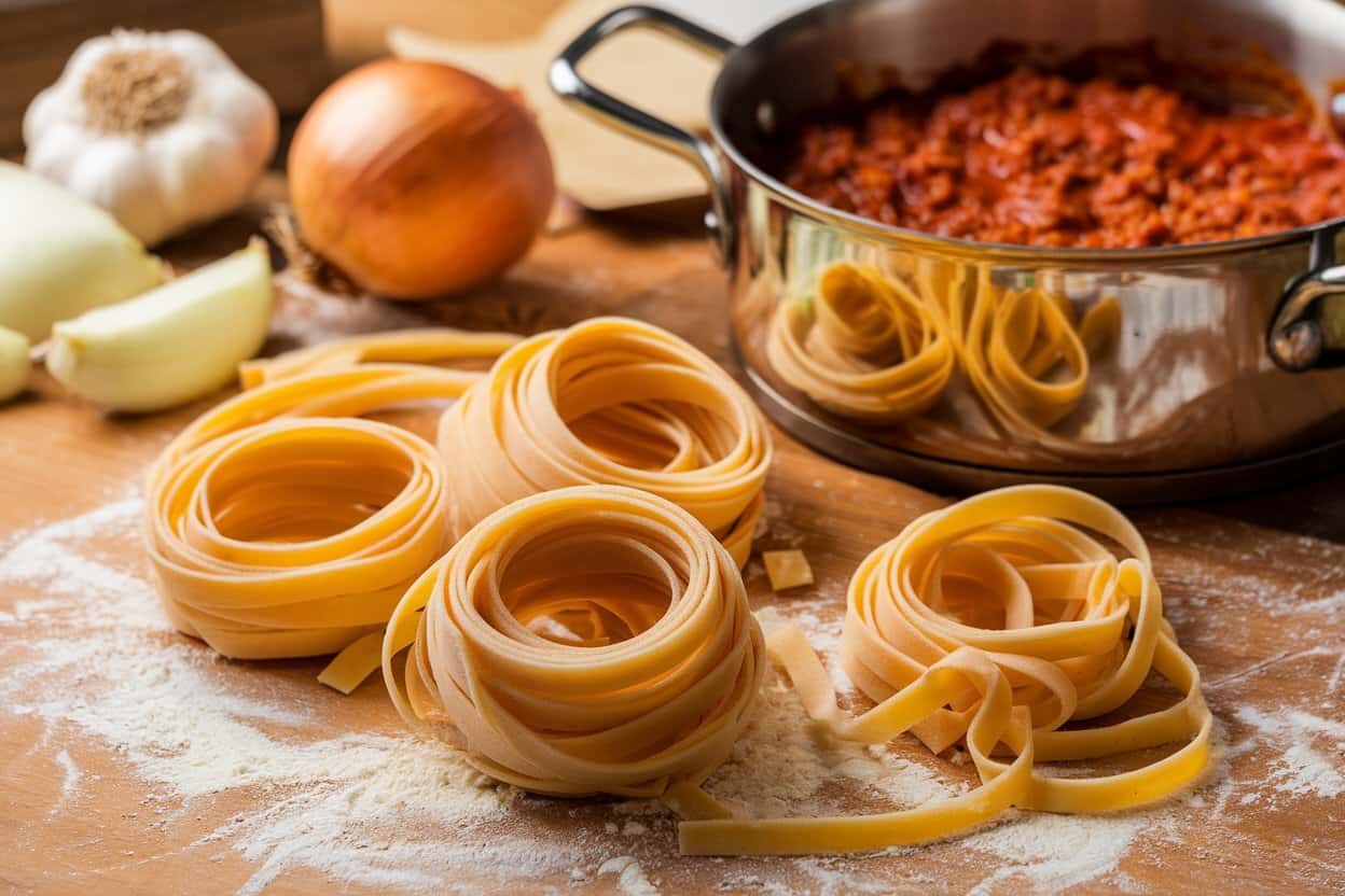 Freshly made nests of tagliatelle pasta on a floured wooden surface, with garlic, onions, and a pot of rich tomato sauce in the background.