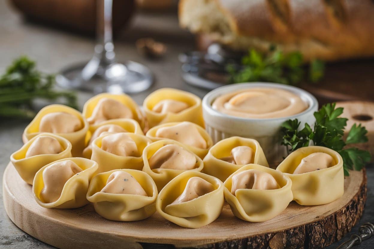 A close-up of tortellini pasta filled with a creamy sauce, placed on a wooden board. A small ramekin filled with dipping sauce is on the side, with fresh parsley for garnish. A loaf of bread is blurred in the background.