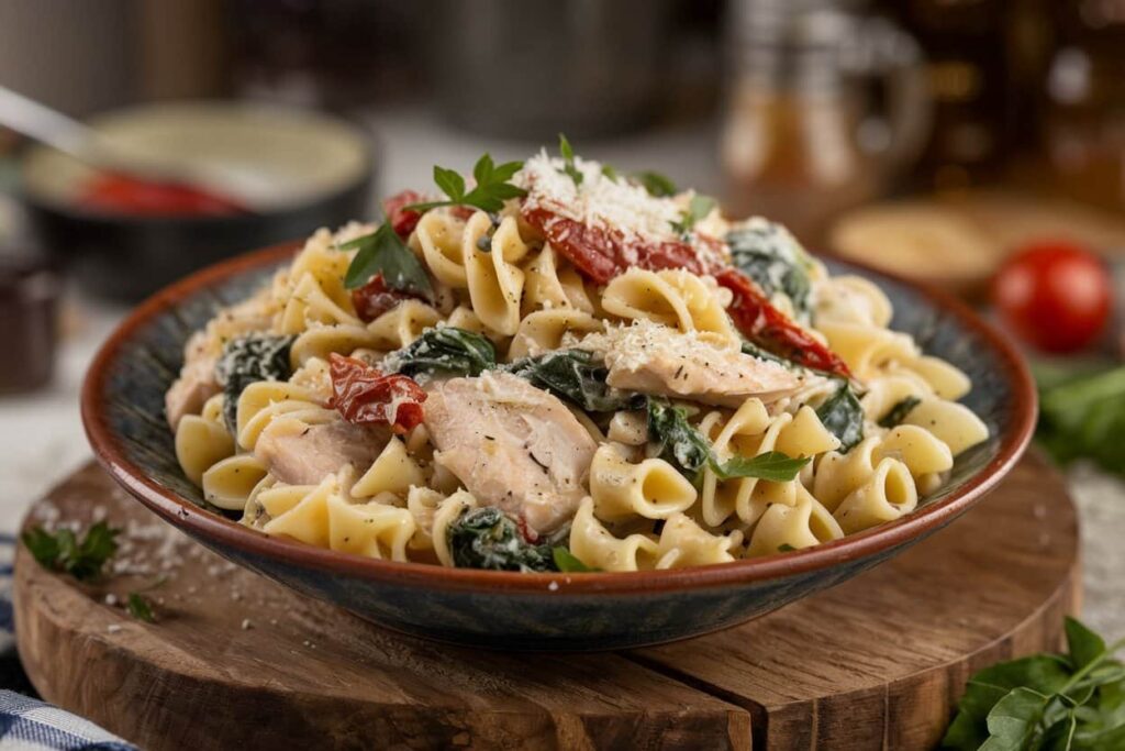 Tuscan Chicken Pasta A bowl of Tuscan Chicken Pasta filled with tender chicken, sun-dried tomatoes, fresh spinach, and curly pasta, all topped with grated parmesan and garnished with parsley.