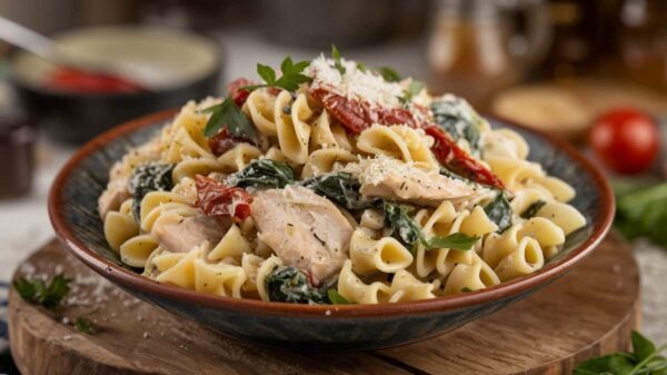 Tuscan Chicken Pasta A bowl of Tuscan Chicken Pasta filled with tender chicken, sun-dried tomatoes, fresh spinach, and curly pasta, all topped with grated parmesan and garnished with parsley.