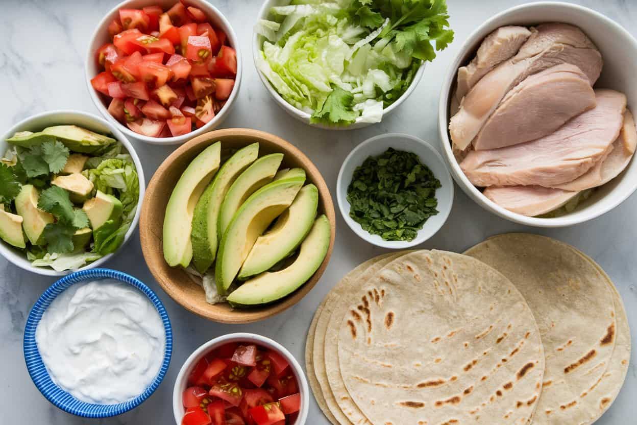 Ingredients For Tacos Arranged In Bowls On A Table, Including Sliced Tomatoes, Shredded Lettuce, Sliced Chicken Breast, Cilantro, Avocado Slices, Chopped Herbs, Sour Cream, And Tortillas.