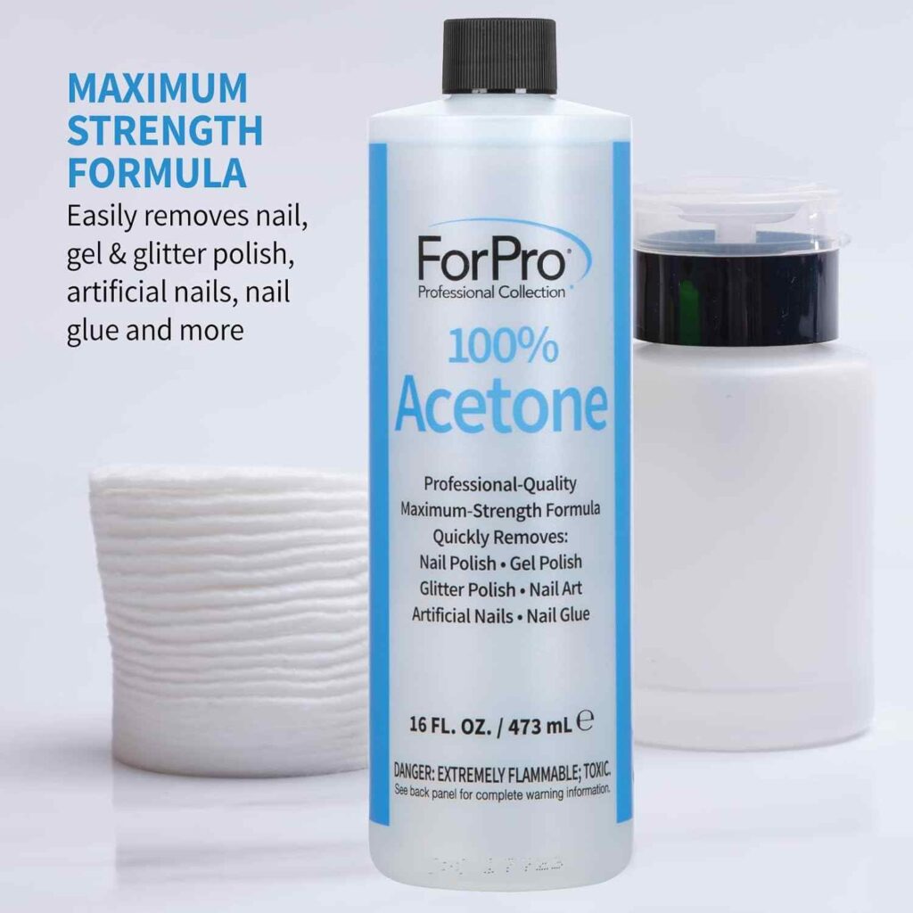 A Bottle Of Acetone Nail Polish Remover With A Clear Liquid Inside And A Label Showcasing Its Strong Removal Properties.