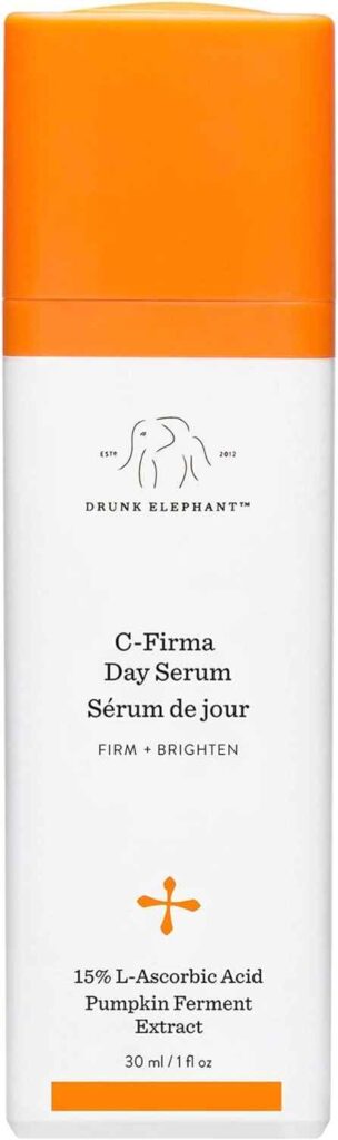 Drunk Elephant C-Firma Fresh Day Serum Bottle, Featuring A Vibrant Design, Known For Its Brightening And Skin-Firming Properties