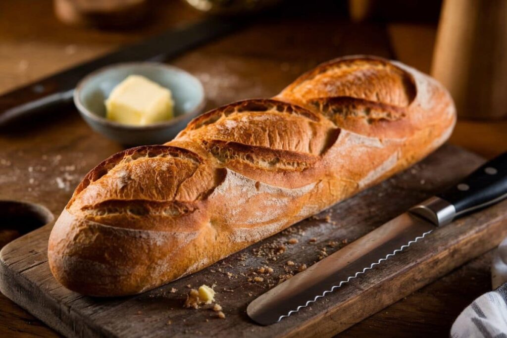 French Bread Recipe A Freshly Baked Loaf Of French Bread Sits On A Wooden Cutting Board, With A Butter Knife Placed Beside It And A Small Bowl Of Butter In The Background. The Bread Has A Golden Crust With Three Diagonal Slashes Along Its Top.