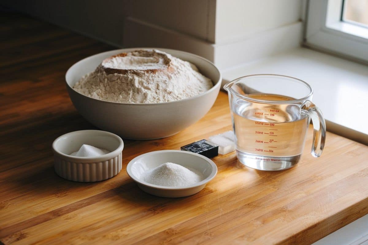 A Collection Of Ingredients For Making Homemade French Bread Sits On A Wooden Countertop. A Bowl Of Flour, A Measuring Cup Of Water, A Small Dish Of Salt, A Plate Of Sugar, And A Packet Of Yeast Are Neatly Arranged.