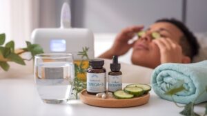 Person Applying Cucumber Slices On Eyes For Dry Eye Relief With Omega-3 Supplements, Glass Of Water, And Humidifier In The Foreground.