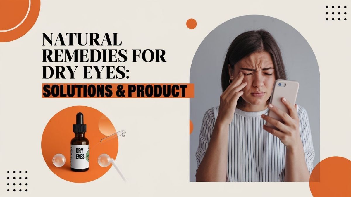 A Woman Rubbing Her Eyes While Holding A Phone, Indicating Eye Discomfort. The Image Highlights The Text &Quot;Natural Remedies For Dry Eyes: Solutions &Amp; Product&Quot; With An Orange-Themed Design And An Image Of A Dry Eye Solution Bottle In The Bottom Left Corner.