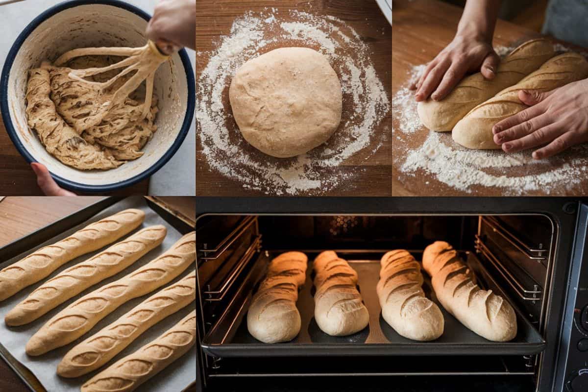 A Collage Of Steps In Making French Bread, Showing The Process From Mixing Dough To Baking. The Stages Include Mixing The Dough, Shaping It, Scoring The Loaves, And Baking Them In The Oven.