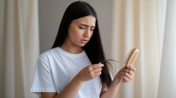 Woman Looking Concerned At Hair Strands On A Brush, Indicating Hair Loss Or Breakage – Total Hair Care.