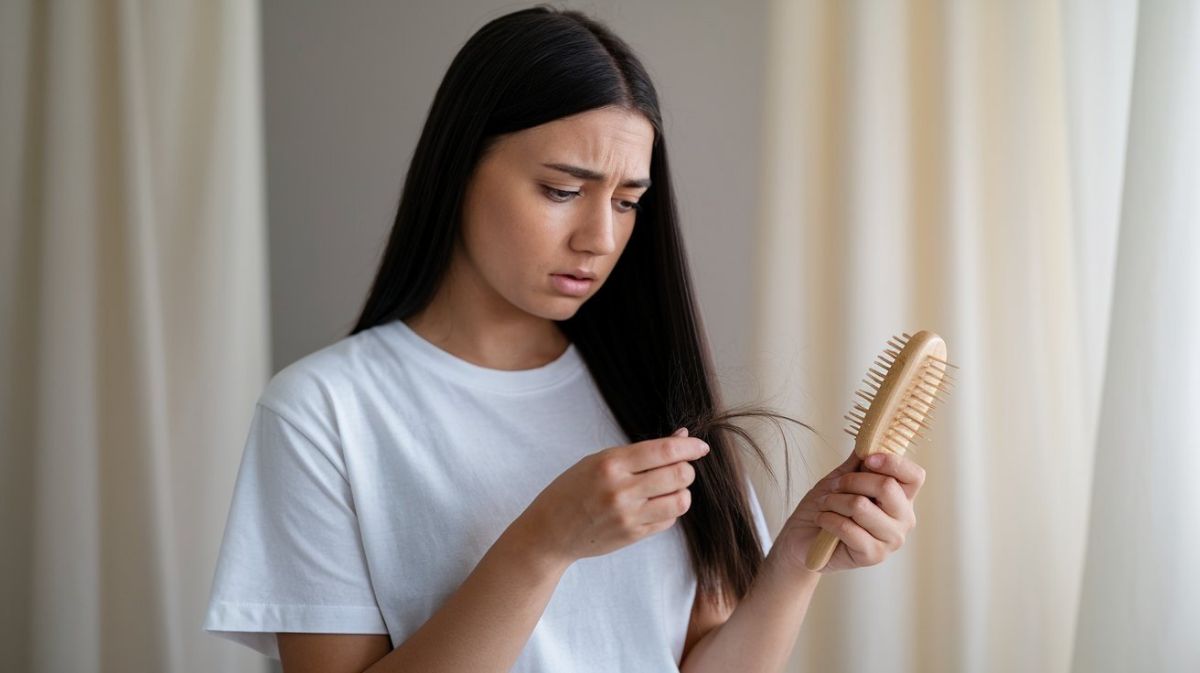 Woman Looking Concerned At Hair Strands On A Brush, Indicating Hair Loss Or Breakage – Total Hair Care.