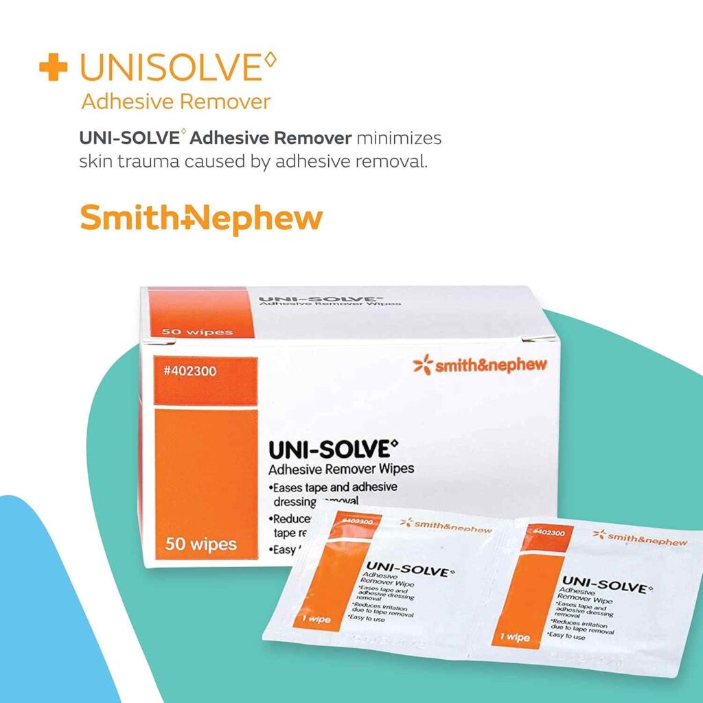 A Bottle Of Uni-Solve Skin-Safe Adhesive Remover With A White And Green Label, Designed For Gentle Adhesive Removal From The Skin.