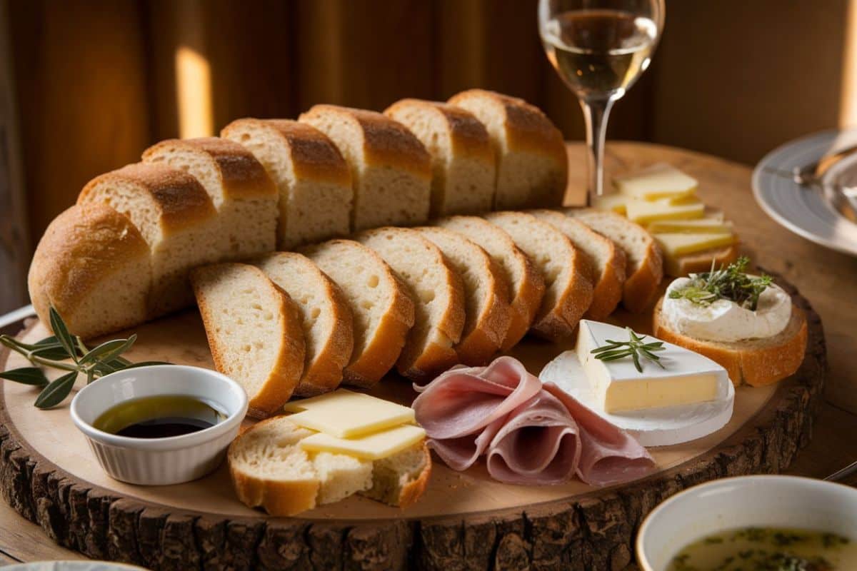 A Wooden Platter Displaying An Assortment Of Sliced French Bread, Cheeses, Ham, And Olive Oil. A Glass Of White Wine Is Partially Visible In The Background.