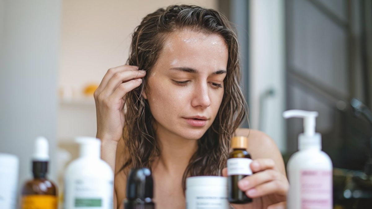 Woman Examining A Bottle Of Hair Oil For Dry Scalp, Surrounded By Various Skincare And Haircare Products On A Bathroom Counter.