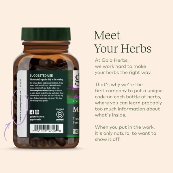 A Bottle Of Gaia Herbs With Label And Text Meet Your Herbs Explaining Their Unique Code System.