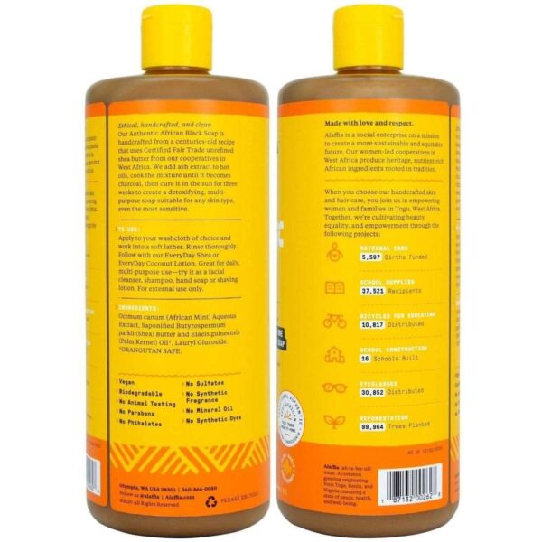 Two Bottles Of African Black Soap With Product Information And Social Impact Statistics.