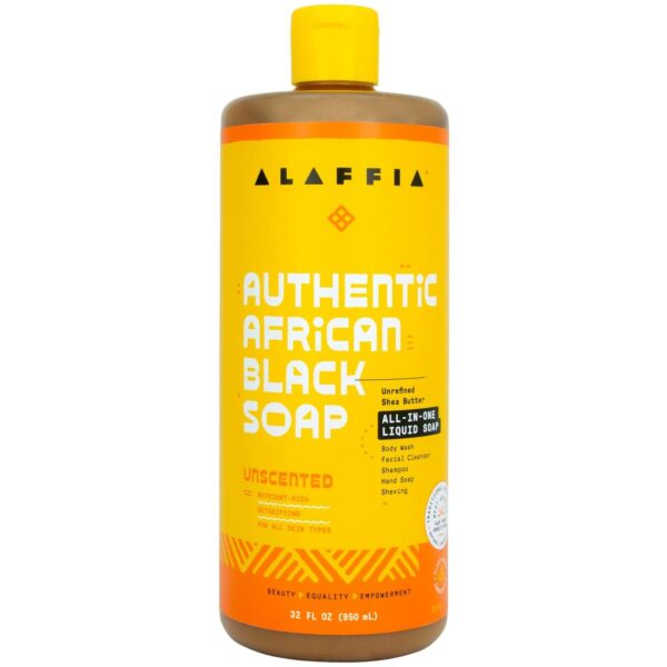 A Bottle Of Alaffia Authentic African Black Soap All-In-One Liquid Soap, Unscented, Featuring A Bright Yellow Label With Product Details.