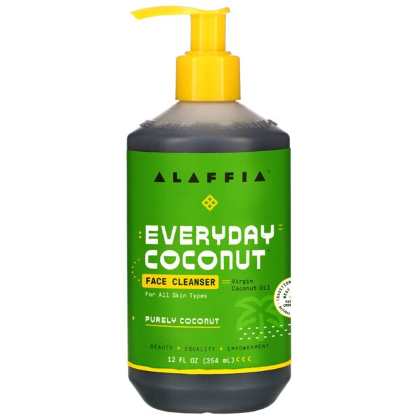 Alaffia Everyday Coconut Face Cleanser In A 12 Fl Oz Bottle With A Green Label And Yellow Pump.