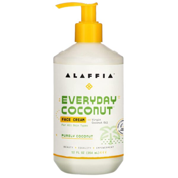 Alaffia Everyday Coconut Face Cream Bottle Featuring A Yellow Pump, Labeled With Details About Virgin Coconut Oil And Suitability For All Skin Types.