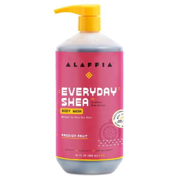 Alaffia Everyday Shea Body Wash, Passion Fruit, 32 Fl Oz Bottle With A Yellow Pump Dispenser, Suitable For Normal To Very Dry Skin.