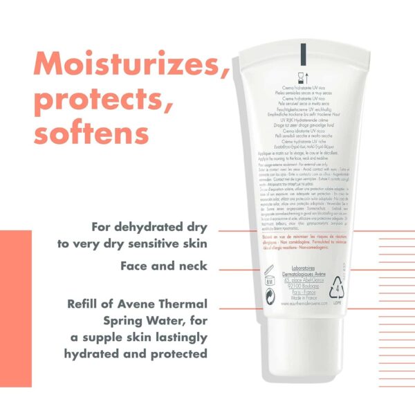 A Tube Of Skincare Cream With Text Highlighting Its Benefits, Including Moisturizing, Protecting, And Softening. The Product Is Designed For Dehydrated, Dry To Very Dry Sensitive Skin, Suitable For Face And Neck. It Contains Avene Thermal Spring Water For Lasting Hydration And Protection.