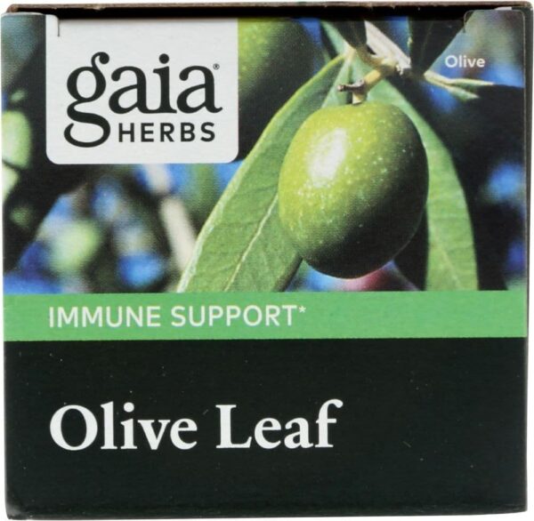 Box Of Gaia Herbs Olive Leaf For Immune Support With Image Of Olive Branch.