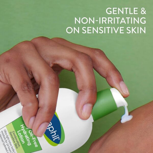 A Person Applying Cetaphil Oil-Free Hydrating Lotion On Their Skin With The Text &Quot;Gentle &Amp; Non-Irritating On Sensitive Skin&Quot; In The Background.