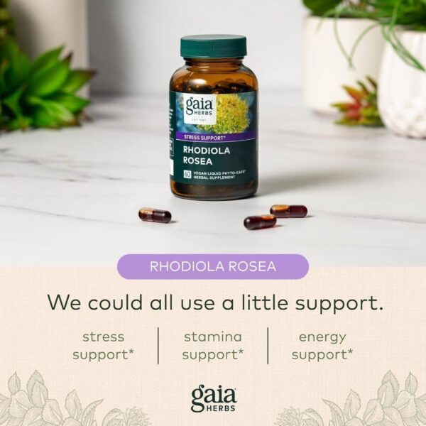 A Bottle Of Gaia Herbs Rhodiola Rosea Supplements On A Table With Pills And Advertisement Text.