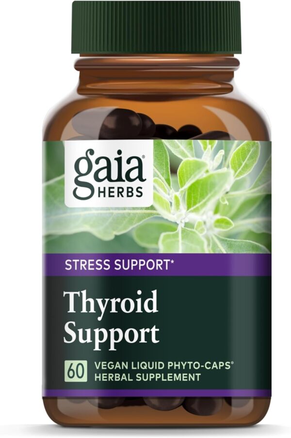 Bottle Of Gaia Herbs Thyroid Support Supplement With 60 Vegan Liquid Phyto-Capsules.