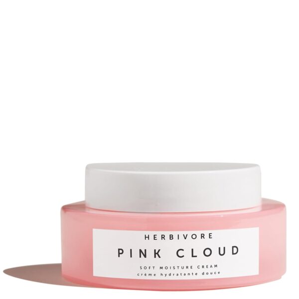 A Jar Of Herbivore Pink Cloud Soft Moisture Cream With A Pink Glass Base And A White Lid, Showcasing Minimalist, Clean Branding.