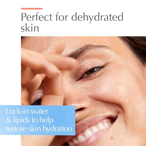 Close-Up Of A Smiling Woman With Hydrated, Glowing Skin, Applying A Moisturizing Product. Text On The Image Reads &Quot;Perfect For Dehydrated Skin&Quot; And &Quot;Lock-In Water &Amp; Lipids To Help Restore Skin Hydration.&Quot;