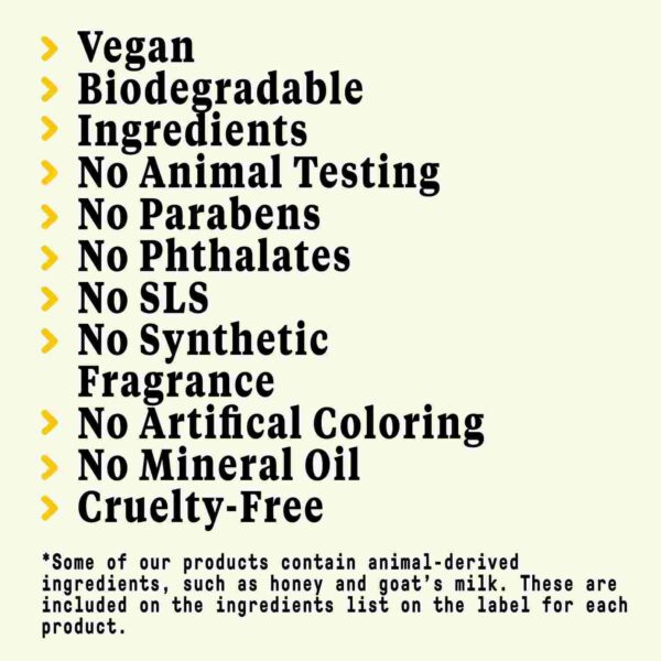 Image Of A List Highlighting Attributes Of A Product Vegan, Biodegradable, No Animal Testing, And More.