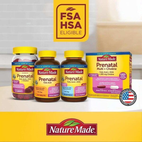 Nature Made Prenatal Vitamin Products On A Counter, Labeled As Fsahsa Eligible.