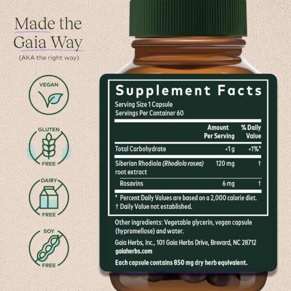 Supplement Bottle With Label, Veganglutendairysoy-Free Icons, And Nutritional Facts For Siberian Rhodiola Extract.