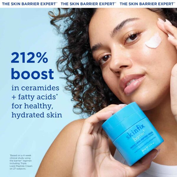 Woman With Curly Hair Applying Skinfix Barrier Cream To Her Face, Promoting A 212% Boost In Ceramides And Fatty Acids For Skin Hydration And Health.