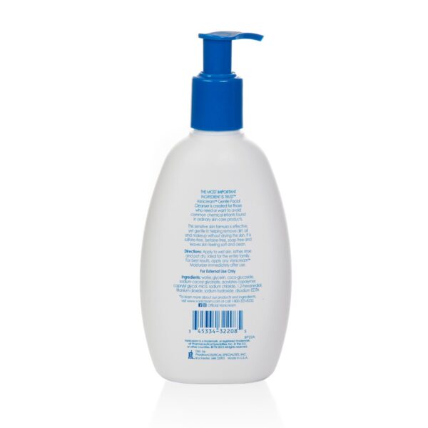 Back View Of A Vanicream Gentle Facial Cleanser Bottle With A Blue Pump.