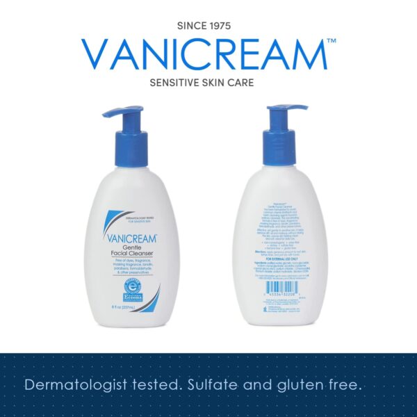 Front And Back Views Of Vanicream Gentle Facial Cleanser Bottles With Blue Pumps And Product Information.