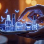 Advanced Skin Care Solutions Unlock Your Natural Glow 11 Digital display of advanced skincare solutions with holographic bottles and a hand interacting on a glowing tablet.
