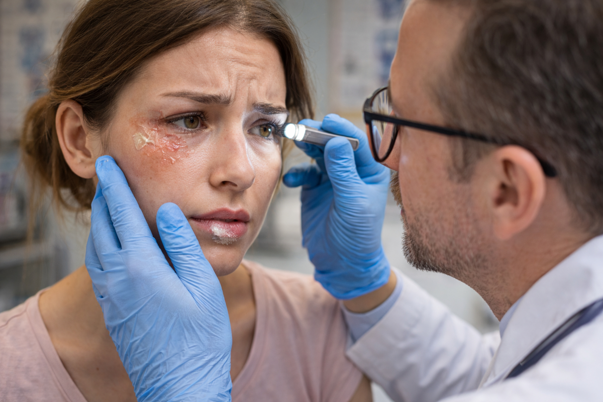 Doctor examines glue exposure on skin