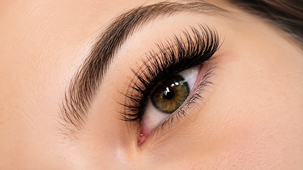 An Extreme Close-Up Of A Woman'S Hazel Eye Showcasing A Dramatic, Full-Volume Eyelash Extension Style With Long, Thick, Dark, And Perfectly Fanned Lashes That Frame The Eye Beautifully, Demonstrating The Transformative Impact Of Professional Eyelash Extension Styles On Natural Eye Beauty.
