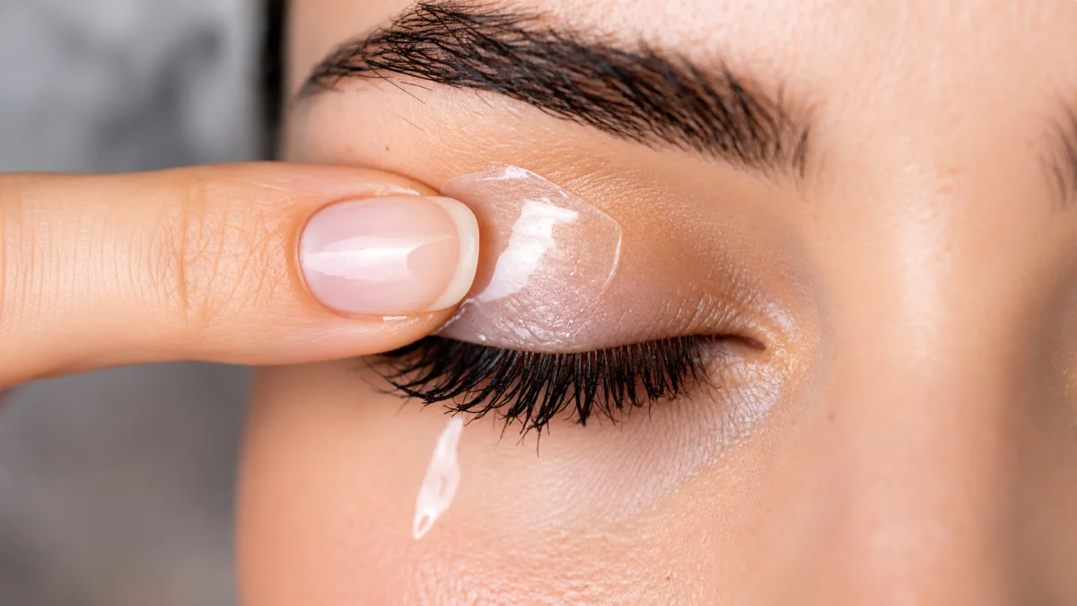 A Close-Up Of A Person Applying A Small Amount Of Petroleum Jelly To Their Eyelid To Answer The Question, Is Vaseline Good For Your Eyelashes?