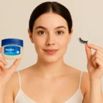 A Woman Holding A Jar Of Petroleum Jelly And A False Eyelash To Compare Natural Care Options And Answer The Question: Is Vaseline Good For Your Eyelashes?