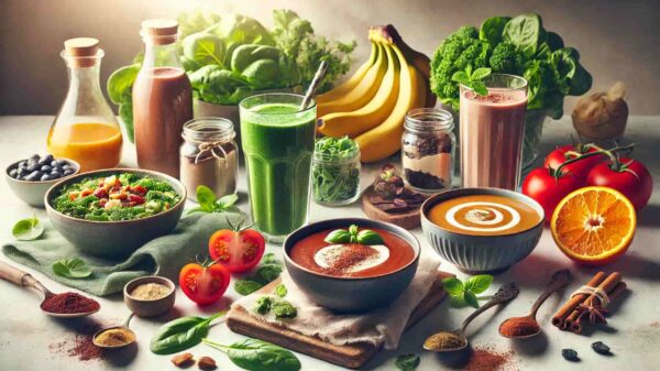 Liquid Diet Recipes An Assortment Of Healthy Liquid Diet Foods Is Displayed On A Table, Including Various Smoothies, Soups, Fresh Vegetables, Fruits, And Spices.