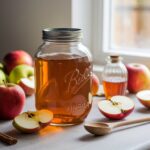 Apple Cider Vinegar Recipe A jar of apple cider vinegar placed on a table with fresh apples, a wooden spoon, and a cinnamon stick. The vinegar is in a clear jar with the word "Vinegar" engraved on it, and a smaller bottle of the liquid sits in the background near a window.