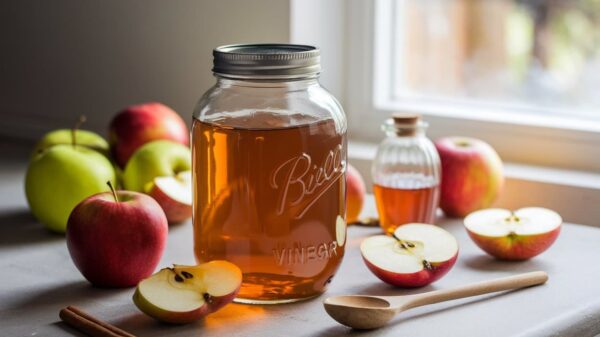 Apple Cider Vinegar Recipe A jar of apple cider vinegar placed on a table with fresh apples, a wooden spoon, and a cinnamon stick. The vinegar is in a clear jar with the word "Vinegar" engraved on it, and a smaller bottle of the liquid sits in the background near a window.