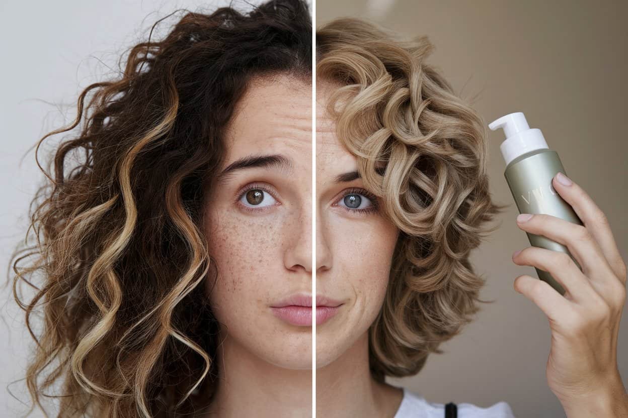 A split-image of a woman’s face showing her hair before and after treatment. On the left side, her dark curly hair looks more natural and frizzy, while the right side features styled, blonde curls. She holds a bottle of hair product on the right.