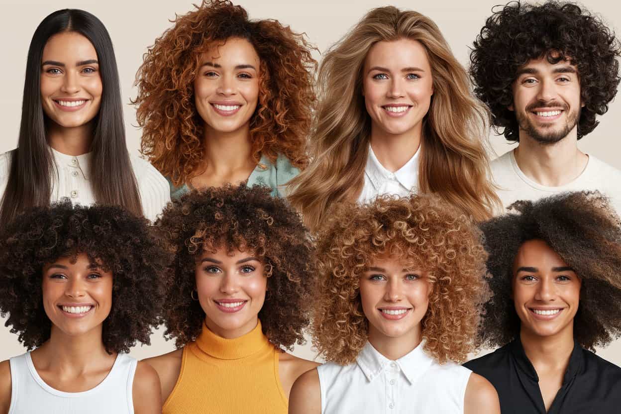 Hair Types A group of eight smiling individuals, each showcasing different natural hair types, from straight to various curl patterns.